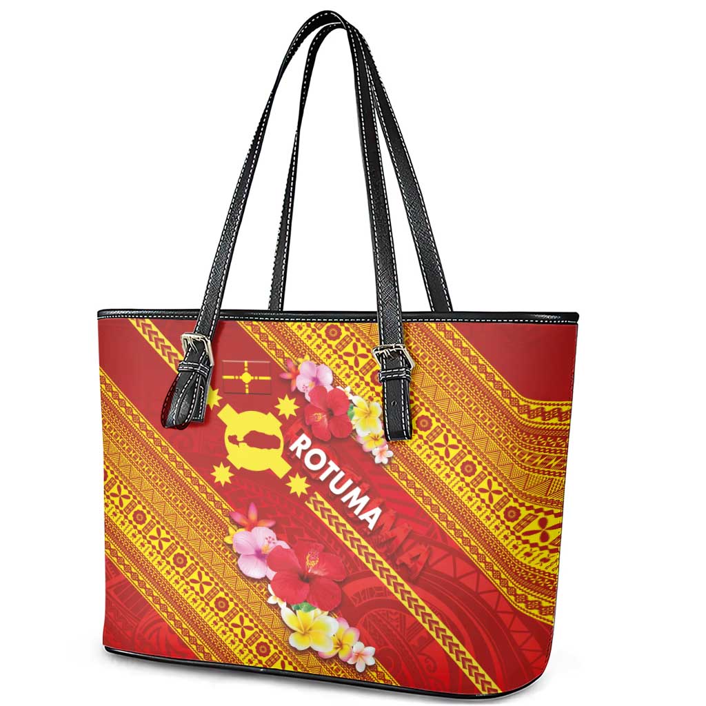 Rotuma Island Leather Tote Bag Fijian Tapa with Polynesian Art and Hibiscus LT03 - Polynesian Pride