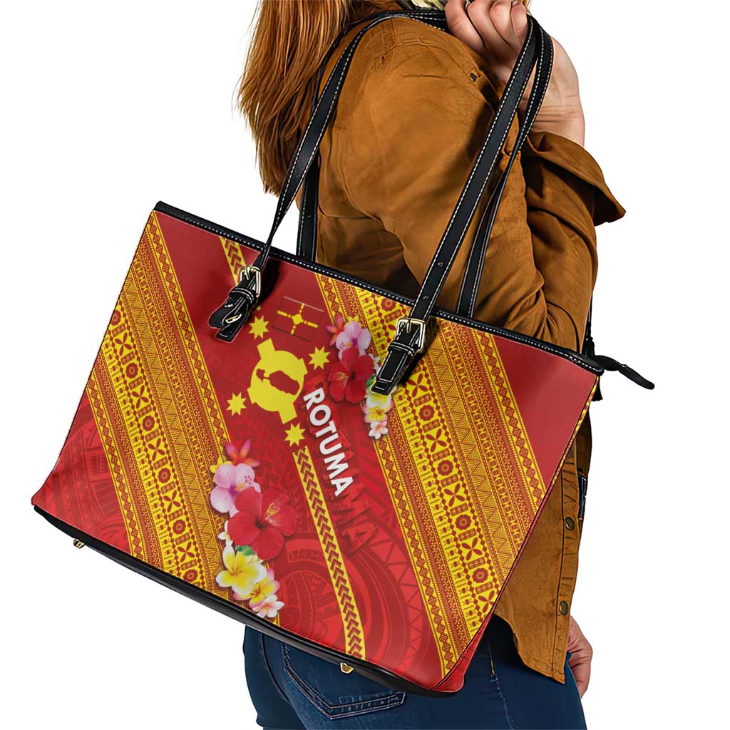 Rotuma Island Leather Tote Bag Fijian Tapa with Polynesian Art and Hibiscus LT03 - Polynesian Pride