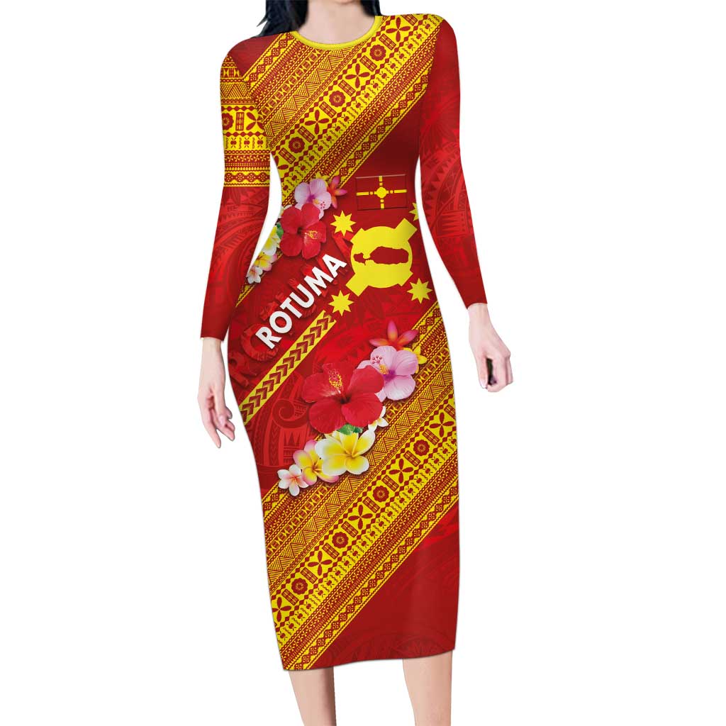 Rotuma Island Long Sleeve Bodycon Dress Fijian Tapa with Polynesian Art and Hibiscus LT03 Long Dress Red - Polynesian Pride
