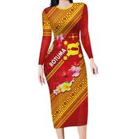 Rotuma Island Long Sleeve Bodycon Dress Fijian Tapa with Polynesian Art and Hibiscus LT03 Long Dress Red - Polynesian Pride