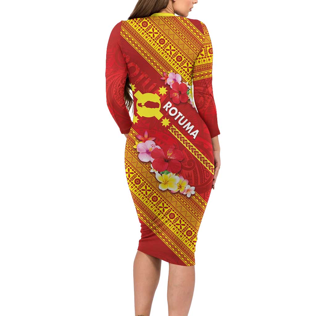 Rotuma Island Long Sleeve Bodycon Dress Fijian Tapa with Polynesian Art and Hibiscus LT03 - Polynesian Pride