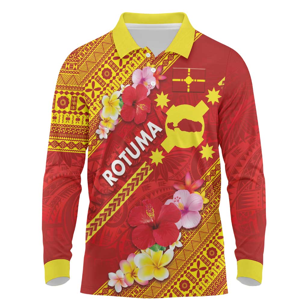 Rotuma Island Long Sleeve Polo Shirt Fijian Tapa with Polynesian Art and Hibiscus LT03 Red - Polynesian Pride