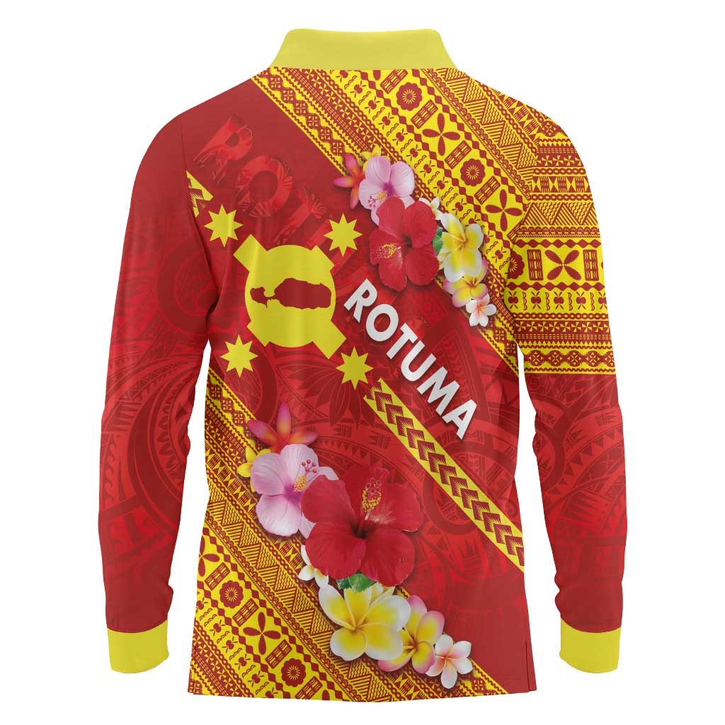 Rotuma Island Long Sleeve Polo Shirt Fijian Tapa with Polynesian Art and Hibiscus LT03 - Polynesian Pride