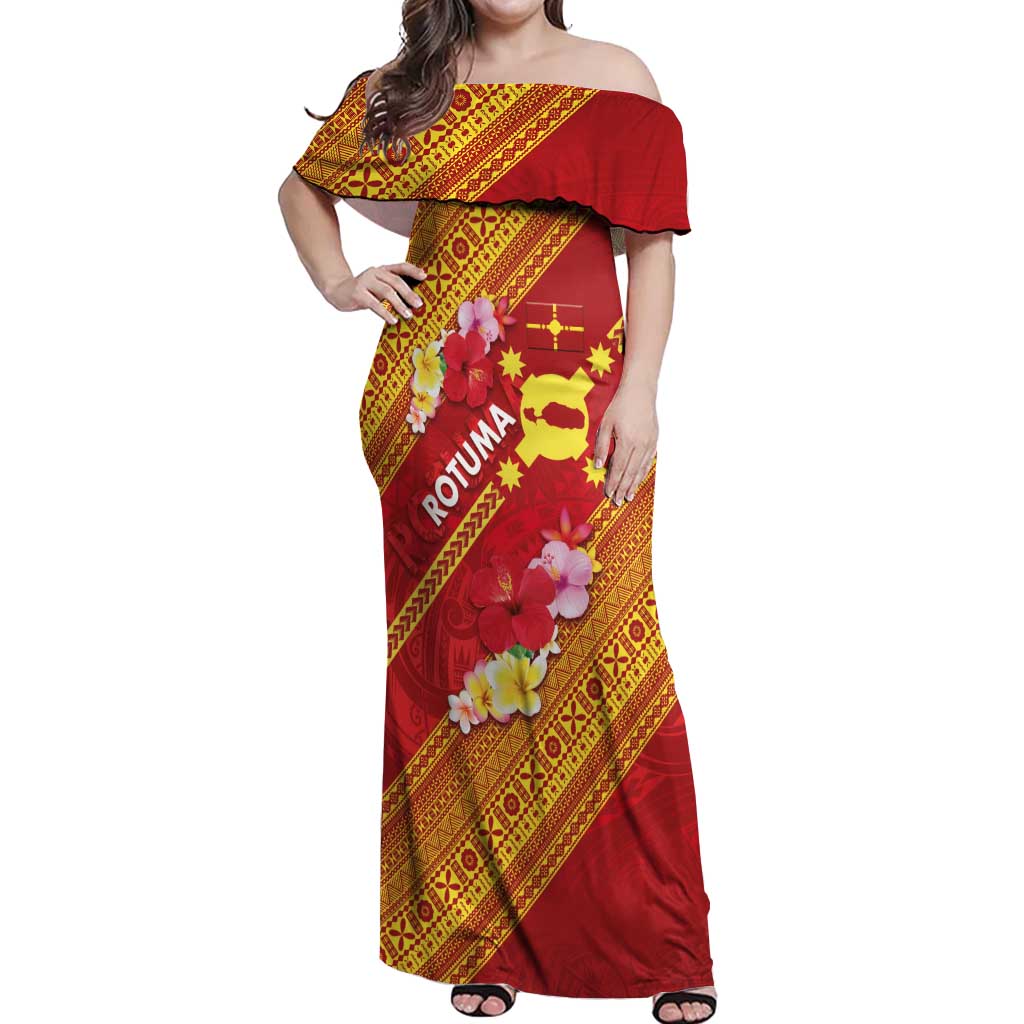 Rotuma Island Off Shoulder Maxi Dress Fijian Tapa with Polynesian Art and Hibiscus LT03 Women Red - Polynesian Pride