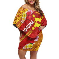 Rotuma Island Off Shoulder Short Dress Fijian Tapa with Polynesian Art and Hibiscus LT03 Women Red - Polynesian Pride
