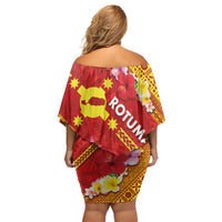 Rotuma Island Off Shoulder Short Dress Fijian Tapa with Polynesian Art and Hibiscus LT03 - Polynesian Pride