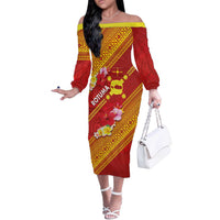 Rotuma Island Off The Shoulder Long Sleeve Dress Fijian Tapa with Polynesian Art and Hibiscus LT03 Women Red - Polynesian Pride