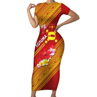 Rotuma Island Short Sleeve Bodycon Dress Fijian Tapa with Polynesian Art and Hibiscus LT03 Long Dress Red - Polynesian Pride