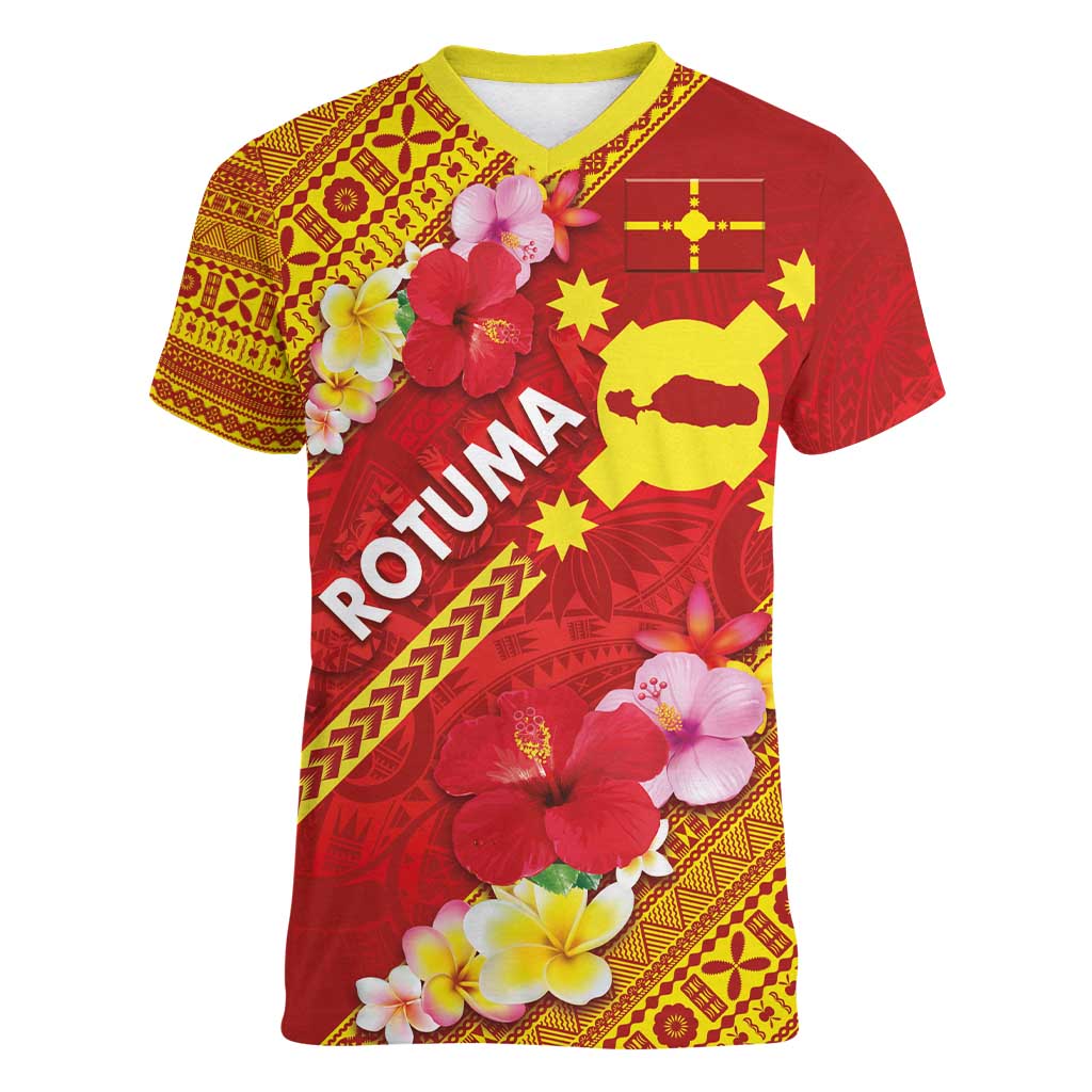 Rotuma Island Women V-Neck T-Shirt Fijian Tapa with Polynesian Art and Hibiscus LT03 Female Red - Polynesian Pride