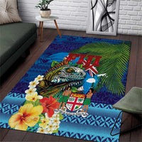 Fiji Iguana-Coat of Arms Area Rug with Hibiscus and Plumeria Palm Tree Tapa Art LT03 Blue - Polynesian Pride