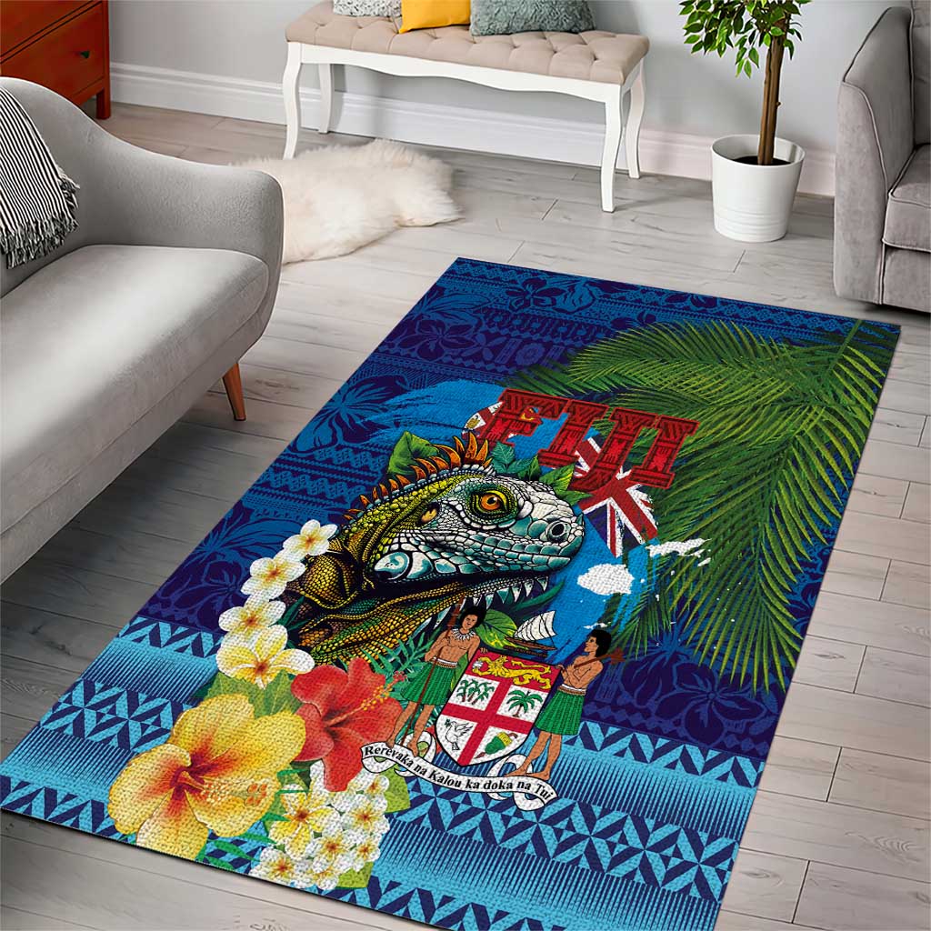 Fiji Iguana-Coat of Arms Area Rug with Hibiscus and Plumeria Palm Tree Tapa Art LT03 - Polynesian Pride