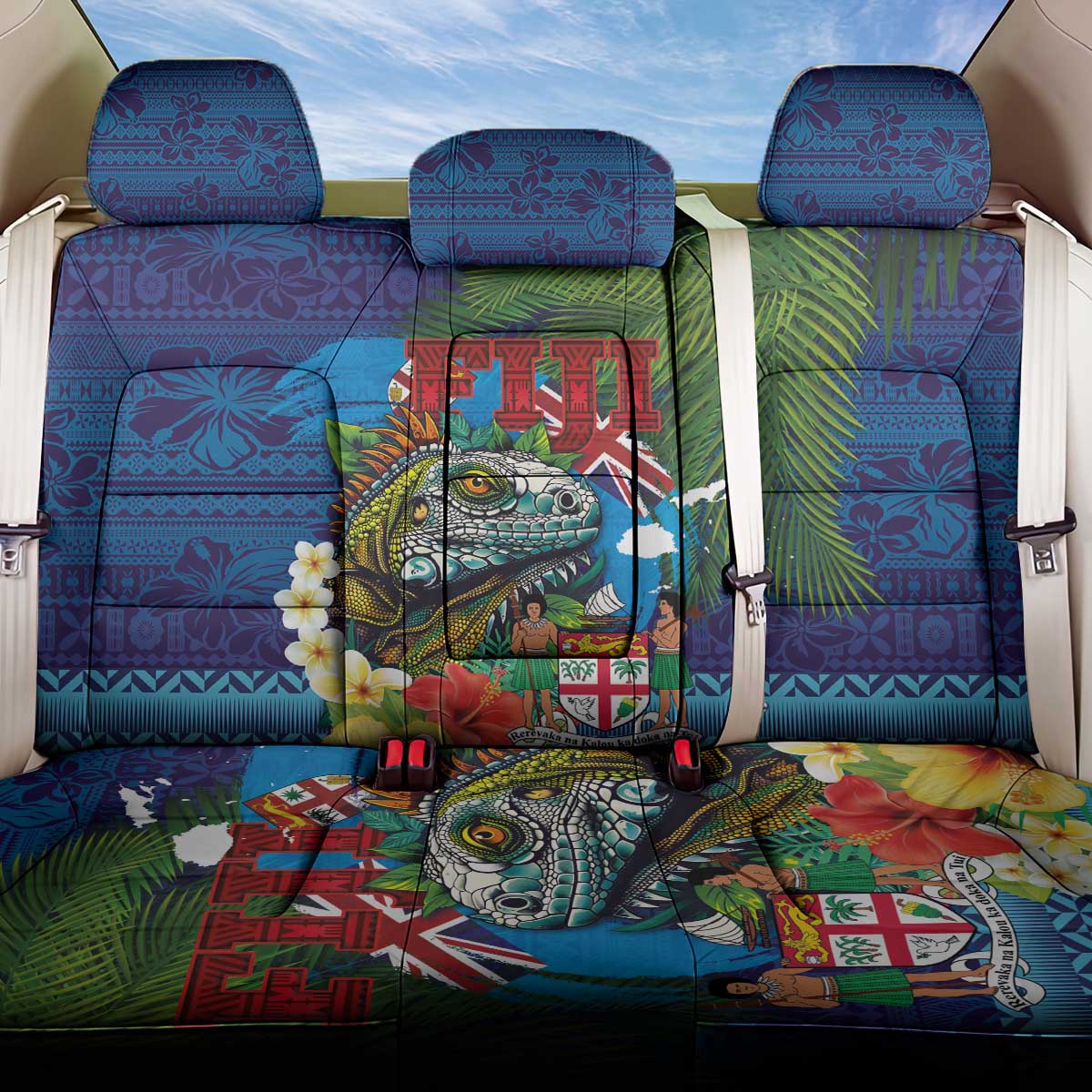 Fiji Iguana-Coat of Arms Back Car Seat Cover with Hibiscus and Plumeria Palm Tree Tapa Art LT03 One Size Blue - Polynesian Pride