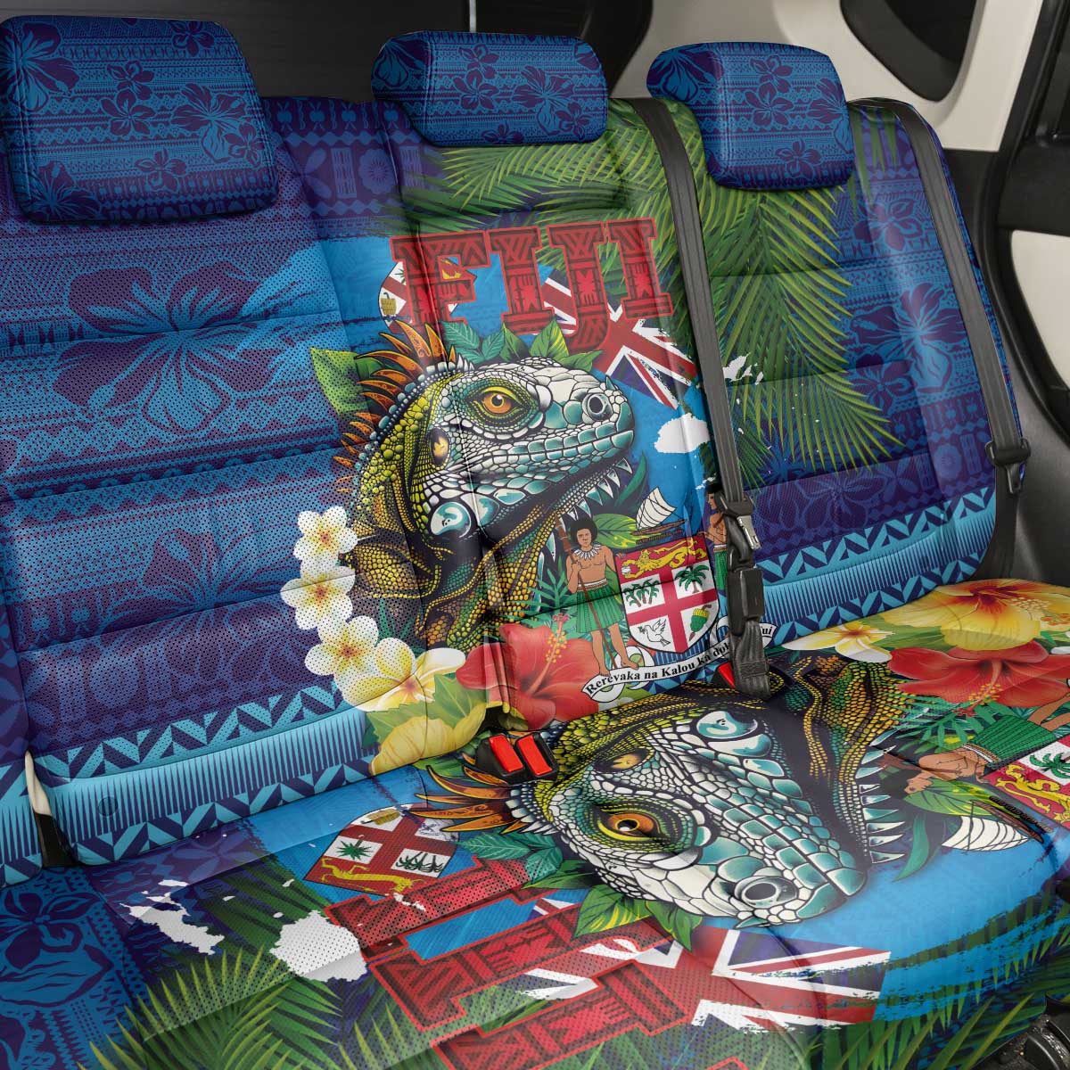 Fiji Iguana-Coat of Arms Back Car Seat Cover with Hibiscus and Plumeria Palm Tree Tapa Art LT03 - Polynesian Pride