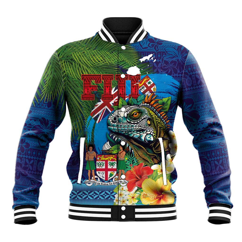 Fiji Iguana-Coat of Arms Baseball Jacket with Hibiscus and Plumeria Palm Tree Tapa Art LT03 Unisex Blue - Polynesian Pride