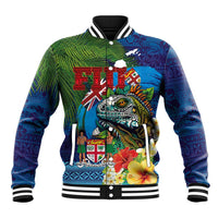 Fiji Iguana-Coat of Arms Baseball Jacket with Hibiscus and Plumeria Palm Tree Tapa Art LT03 Unisex Blue - Polynesian Pride
