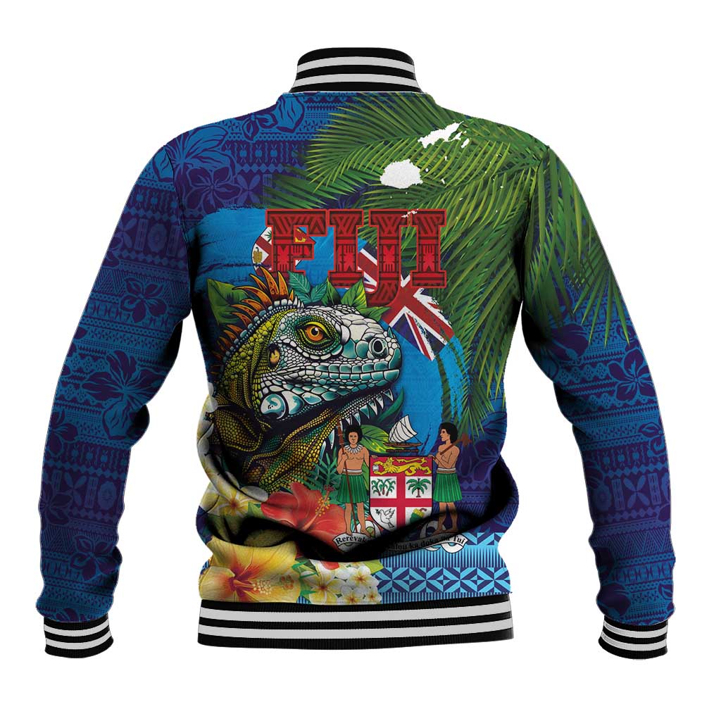 Fiji Iguana-Coat of Arms Baseball Jacket with Hibiscus and Plumeria Palm Tree Tapa Art LT03 - Polynesian Pride