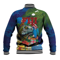 Fiji Iguana-Coat of Arms Baseball Jacket with Hibiscus and Plumeria Palm Tree Tapa Art LT03 - Polynesian Pride