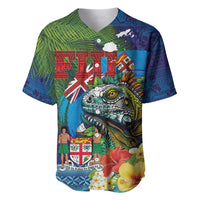 Fiji Iguana-Coat of Arms Baseball Jersey with Hibiscus and Plumeria Palm Tree Tapa Art LT03 Blue - Polynesian Pride