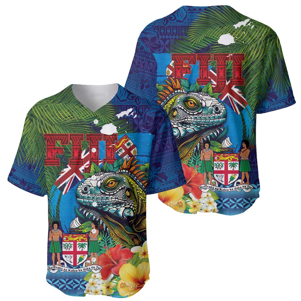 Fiji Iguana-Coat of Arms Baseball Jersey with Hibiscus and Plumeria Palm Tree Tapa Art LT03 - Polynesian Pride