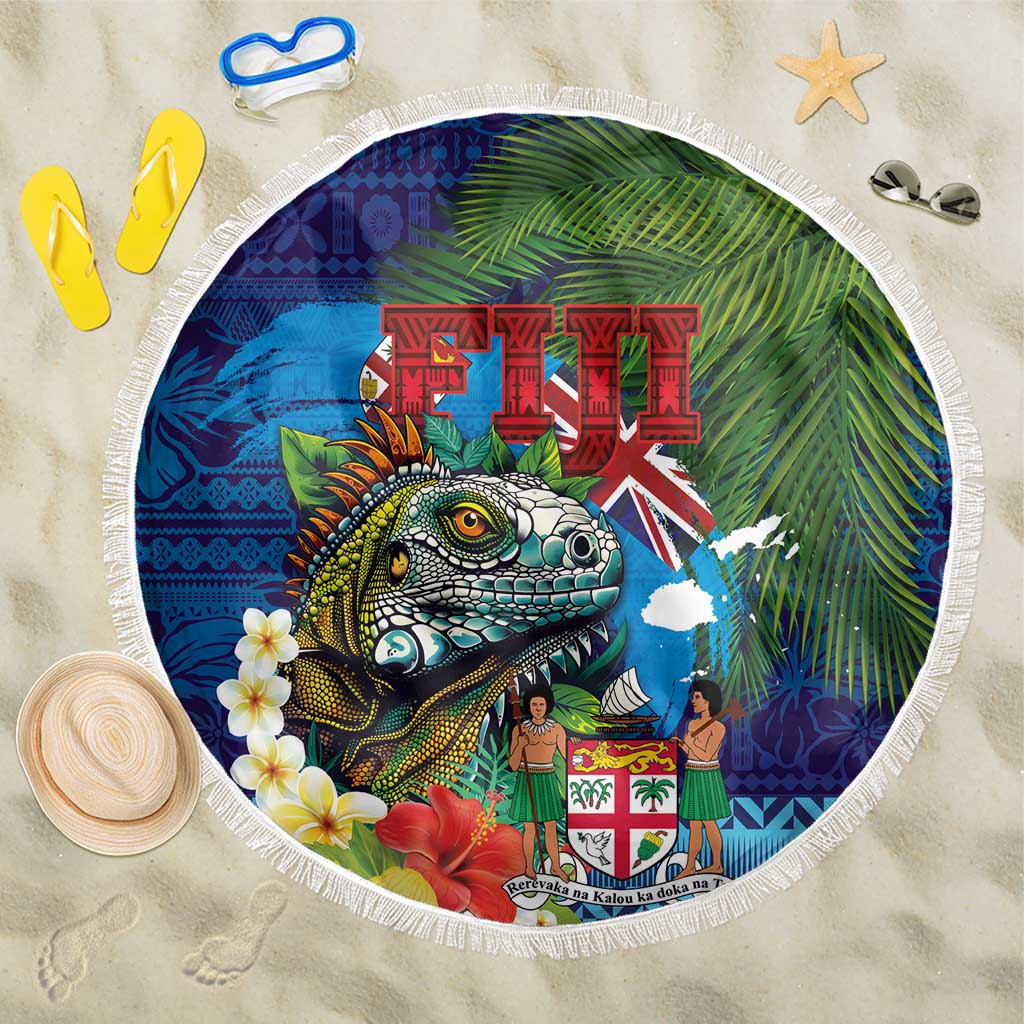 Fiji Iguana-Coat of Arms Beach Blanket with Hibiscus and Plumeria Palm Tree Tapa Art LT03 One Size 150cm Blue - Polynesian Pride
