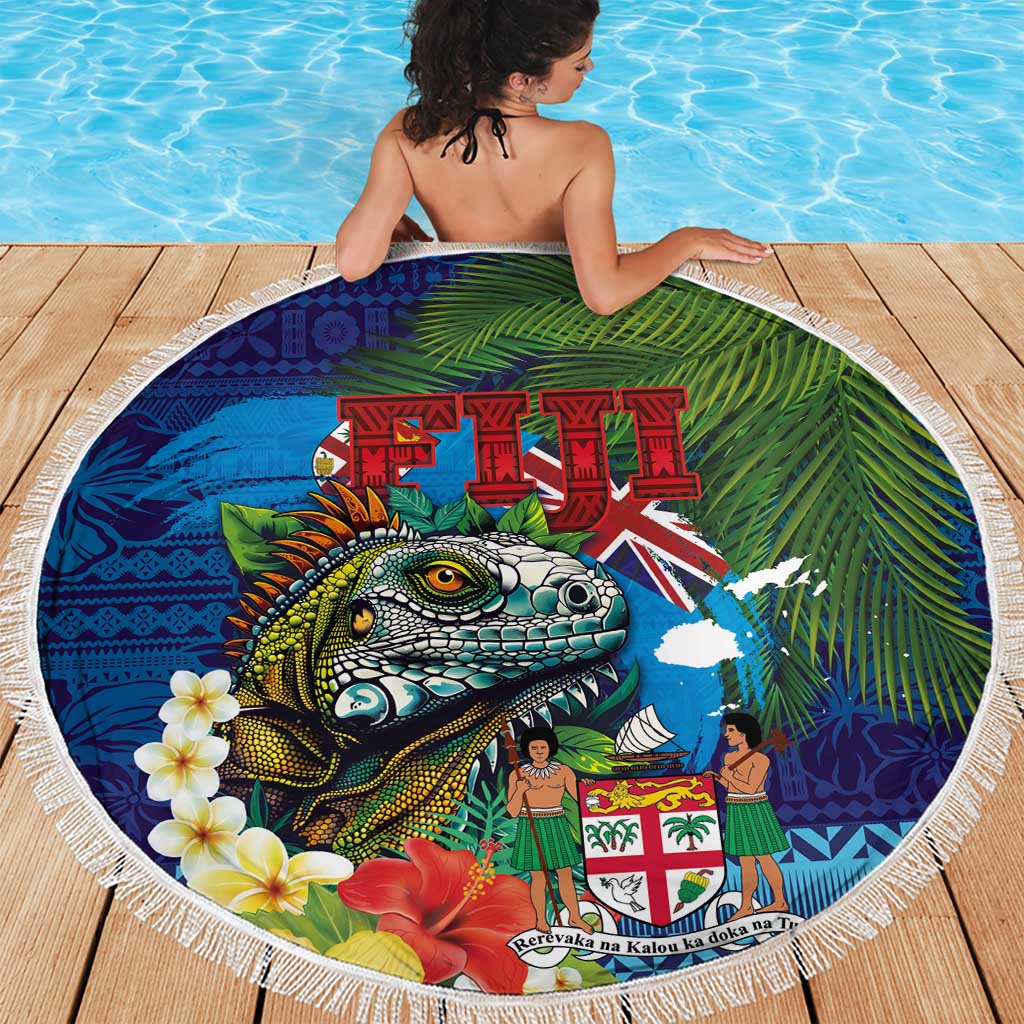 Fiji Iguana-Coat of Arms Beach Blanket with Hibiscus and Plumeria Palm Tree Tapa Art LT03 - Polynesian Pride