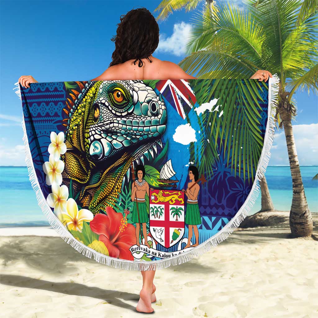 Fiji Iguana-Coat of Arms Beach Blanket with Hibiscus and Plumeria Palm Tree Tapa Art LT03 - Polynesian Pride