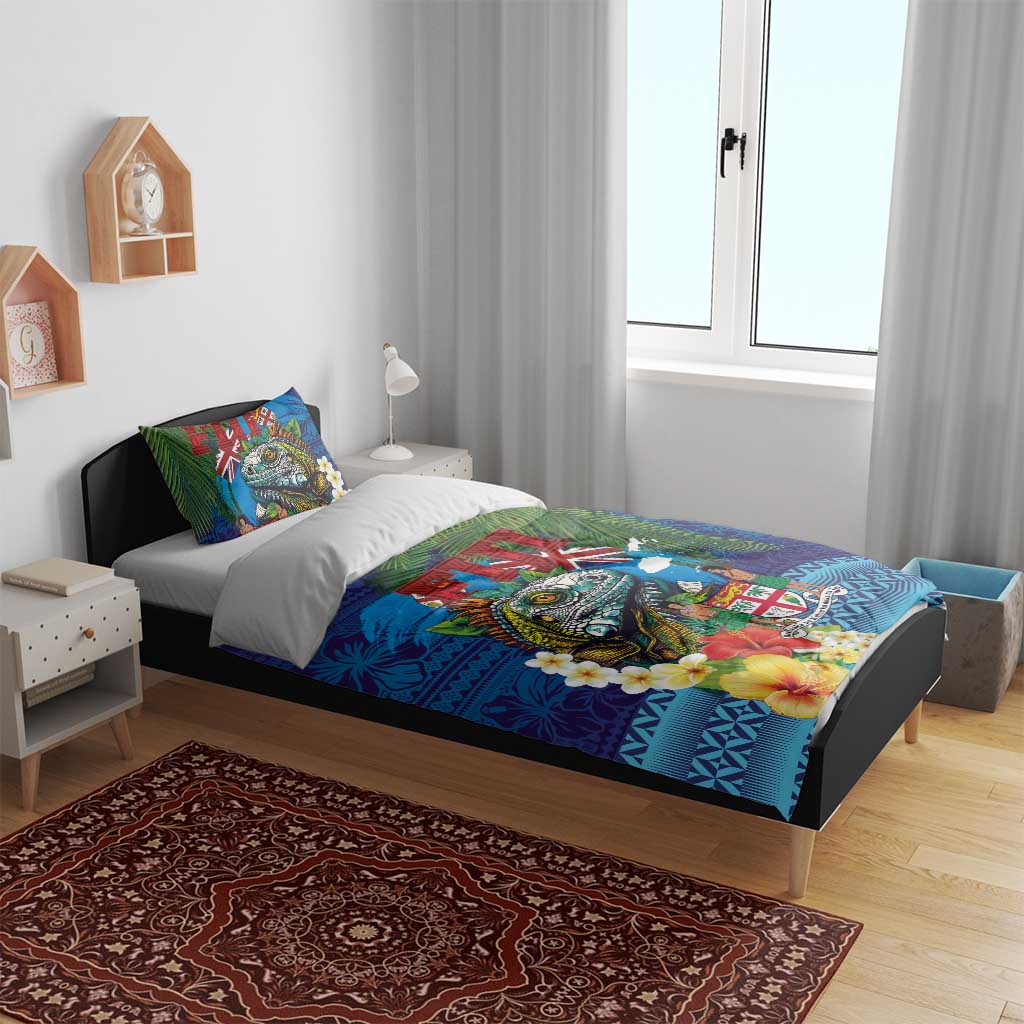 Fiji Iguana-Coat of Arms Bedding Set with Hibiscus and Plumeria Palm Tree Tapa Art