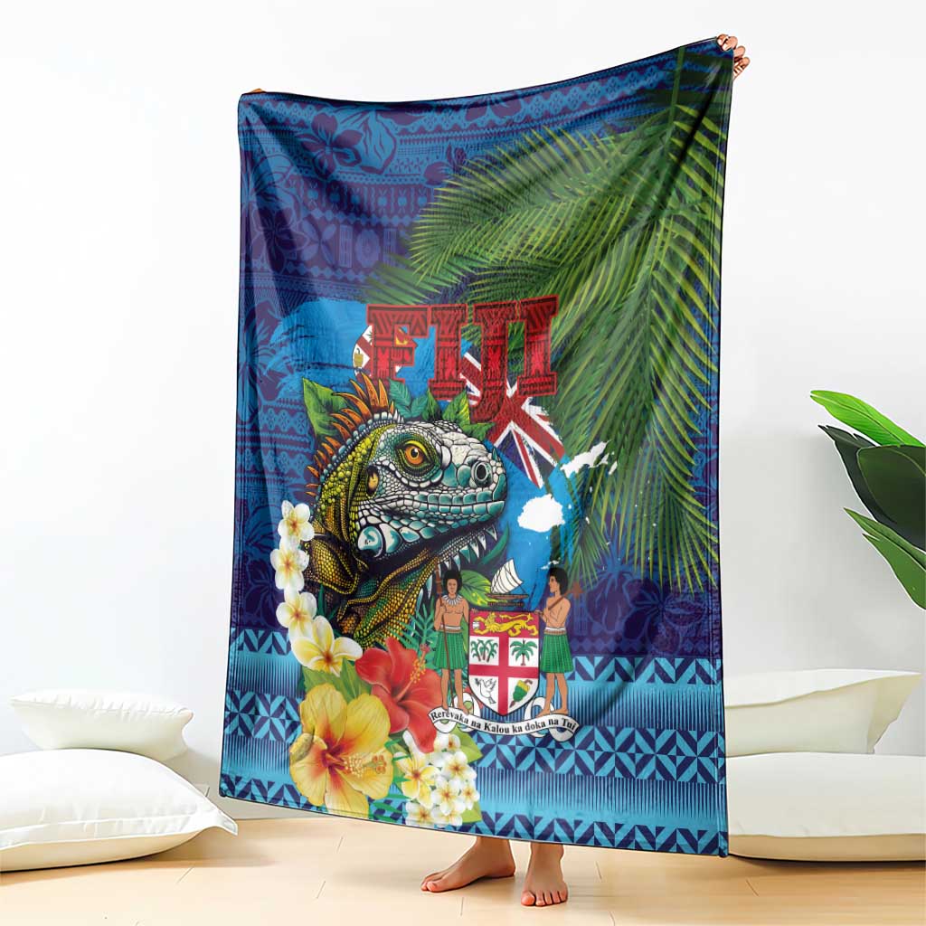 Fiji Iguana-Coat of Arms Blanket with Hibiscus and Plumeria Palm Tree Tapa Art LT03 - Polynesian Pride