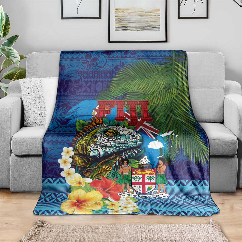 Fiji Iguana-Coat of Arms Blanket with Hibiscus and Plumeria Palm Tree Tapa Art LT03 - Polynesian Pride