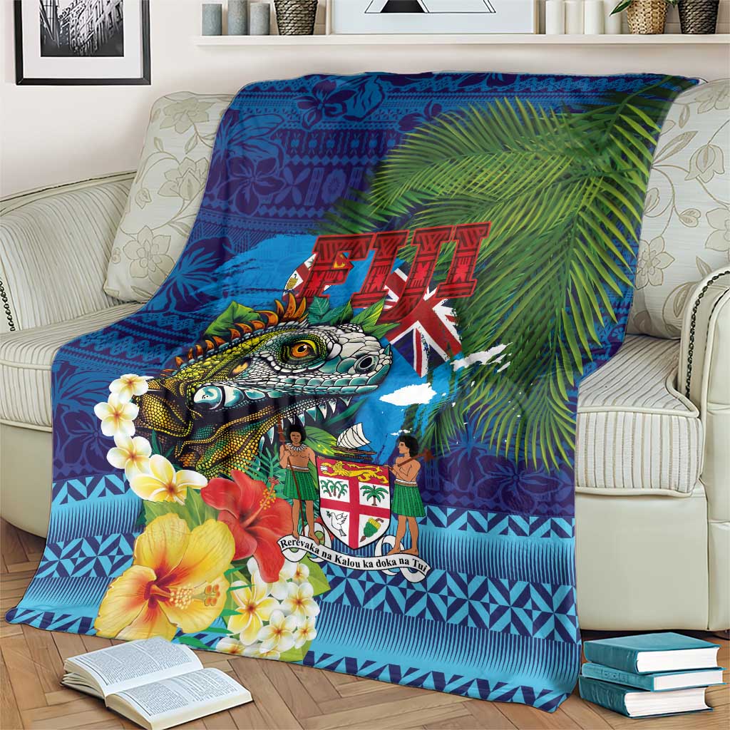 Fiji Iguana-Coat of Arms Blanket with Hibiscus and Plumeria Palm Tree Tapa Art LT03 - Polynesian Pride