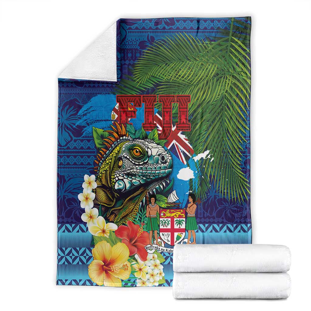 Fiji Iguana-Coat of Arms Blanket with Hibiscus and Plumeria Palm Tree Tapa Art LT03 - Polynesian Pride