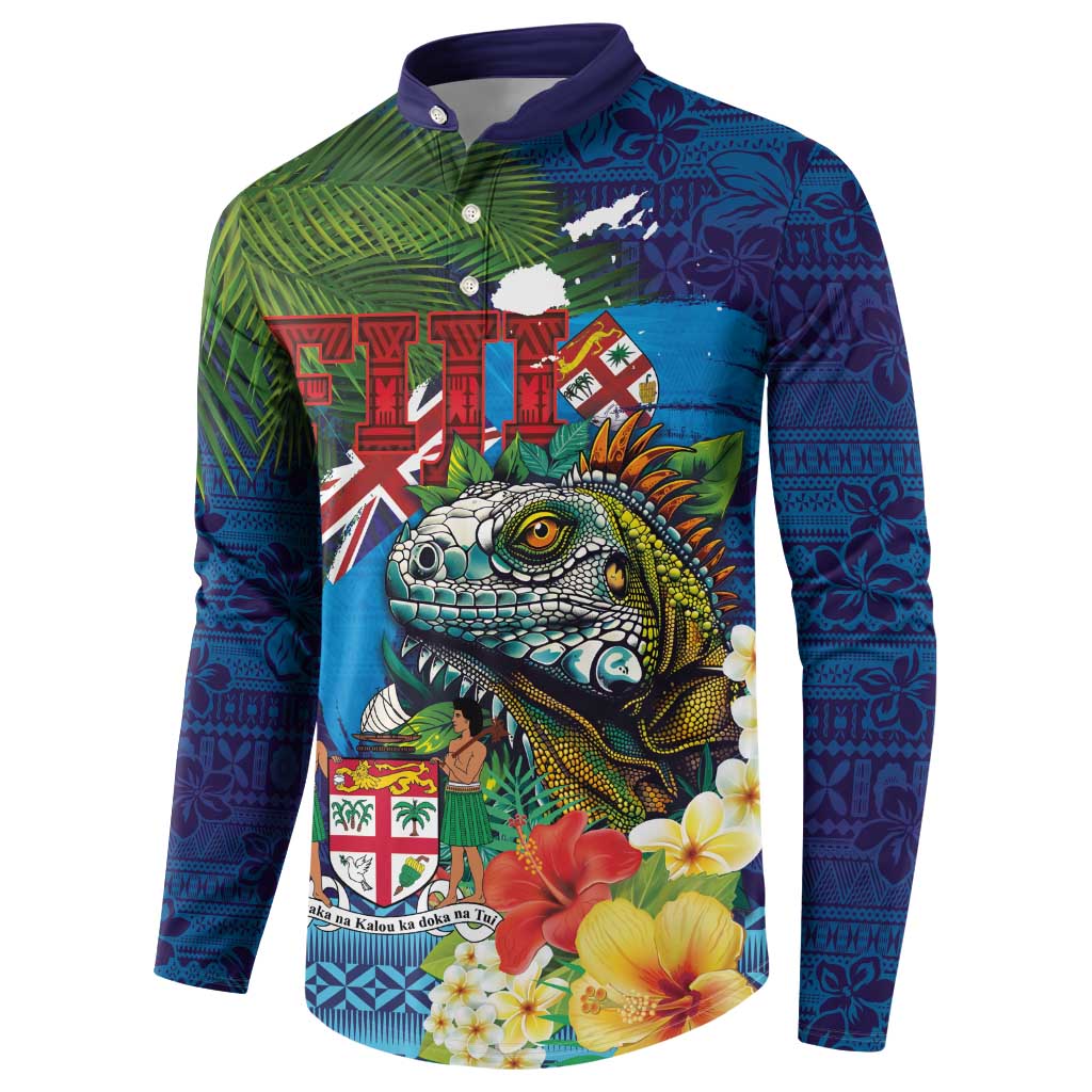 Fiji Iguana-Coat of Arms Button Sweatshirt with Hibiscus and Plumeria Palm Tree Tapa Art LT03 - Polynesian Pride