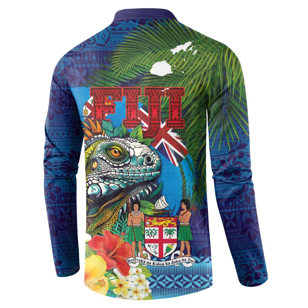 Fiji Iguana-Coat of Arms Button Sweatshirt with Hibiscus and Plumeria Palm Tree Tapa Art LT03 - Polynesian Pride