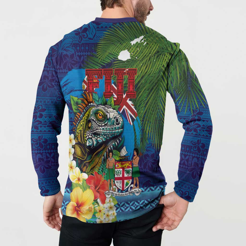 Fiji Iguana-Coat of Arms Button Sweatshirt with Hibiscus and Plumeria Palm Tree Tapa Art LT03 - Polynesian Pride