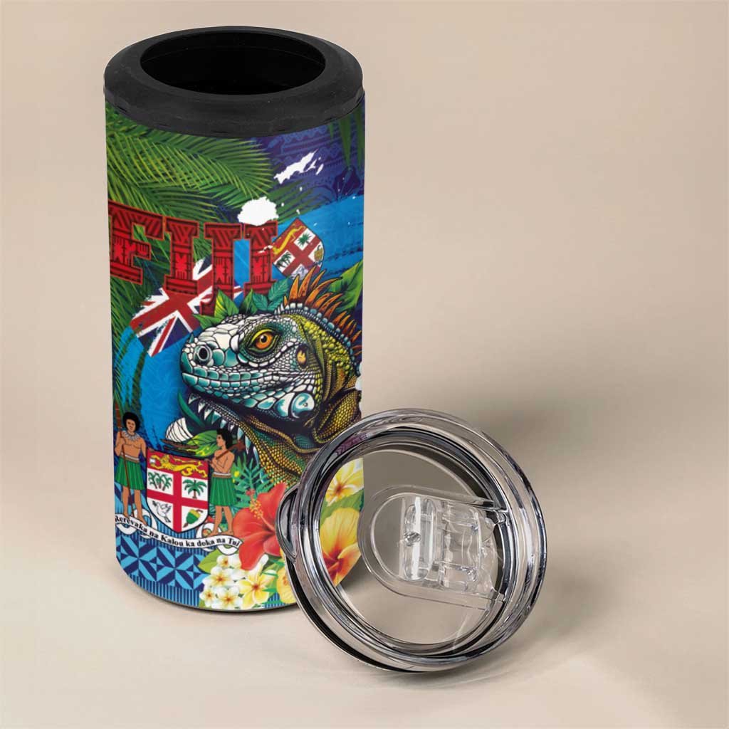Fiji Iguana-Coat of Arms 4 in 1 Can Cooler Tumbler with Hibiscus and Plumeria Palm Tree Tapa Art LT03 - Polynesian Pride