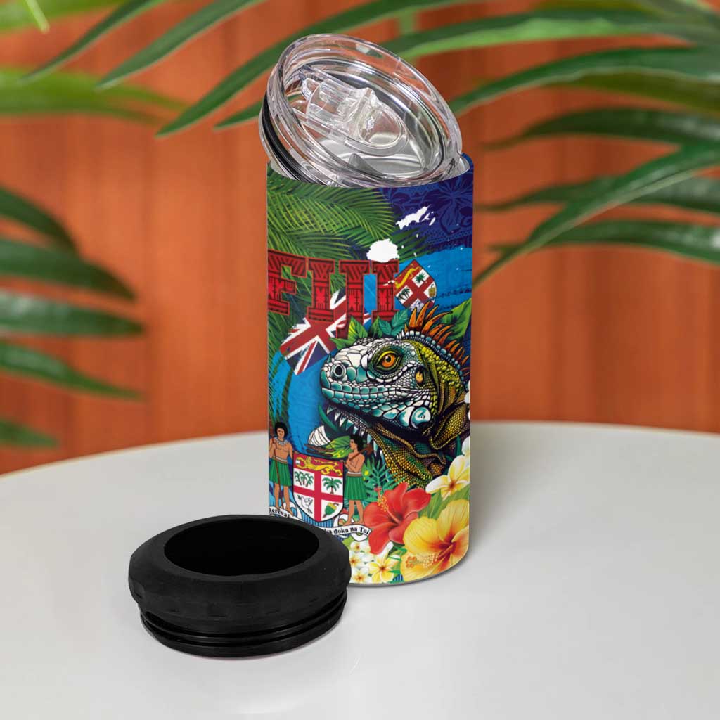Fiji Iguana-Coat of Arms 4 in 1 Can Cooler Tumbler with Hibiscus and Plumeria Palm Tree Tapa Art LT03 - Polynesian Pride