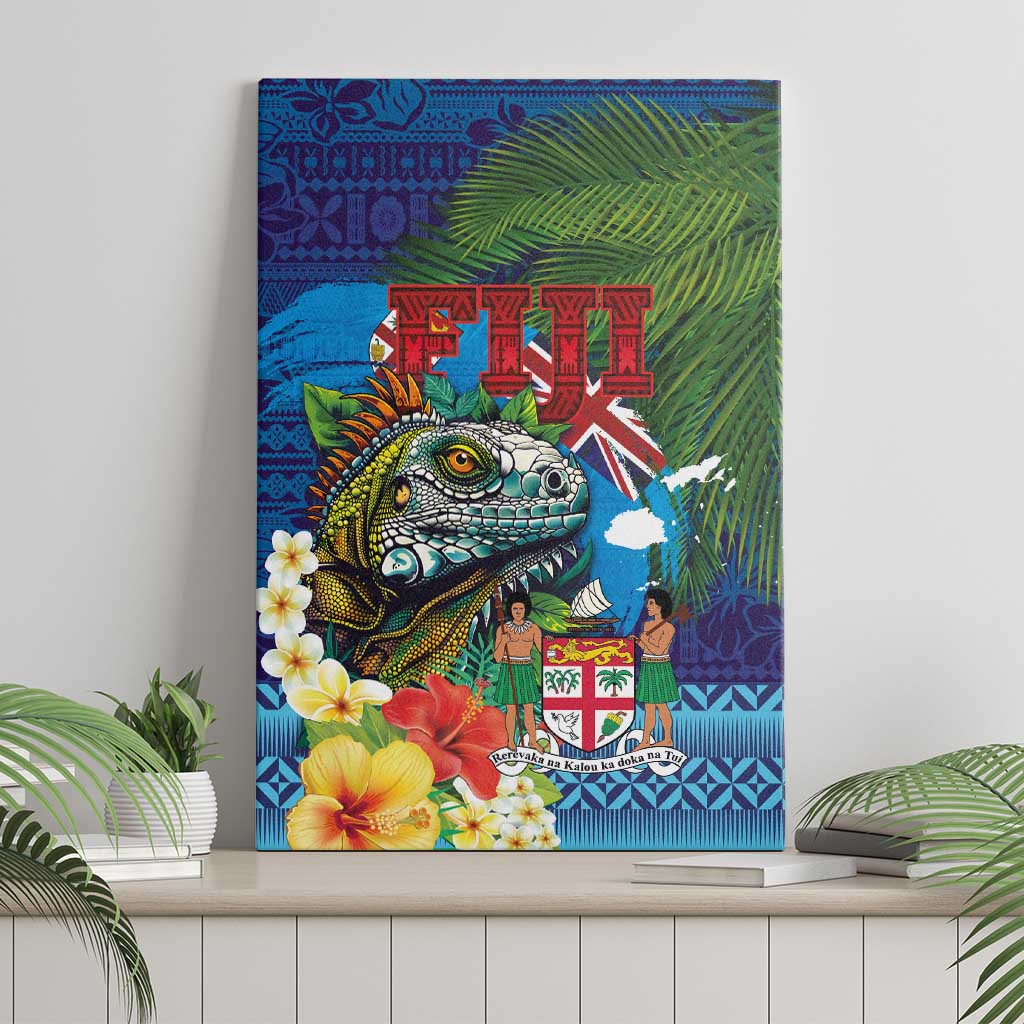 Fiji Iguana-Coat of Arms Canvas Wall Art with Hibiscus and Plumeria Palm Tree Tapa Art LT03 - Polynesian Pride