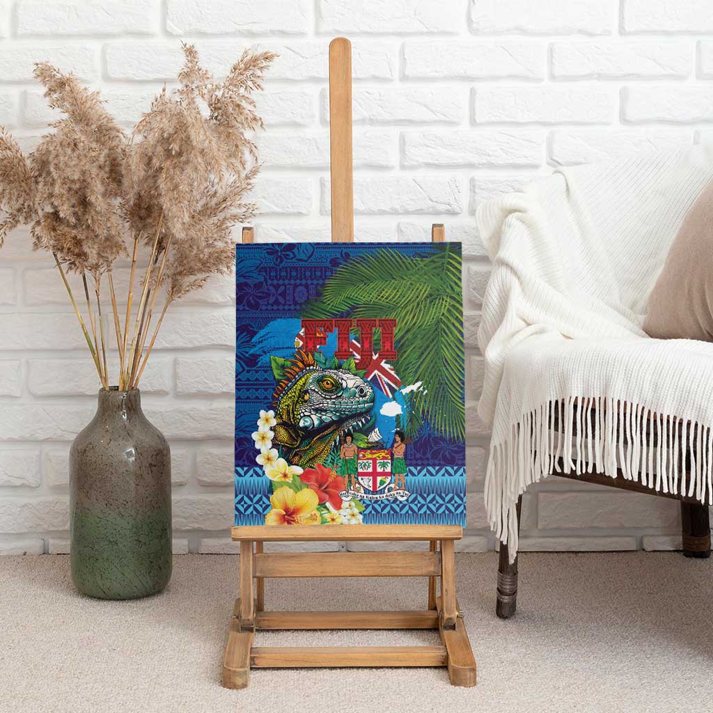 Fiji Iguana-Coat of Arms Canvas Wall Art with Hibiscus and Plumeria Palm Tree Tapa Art LT03 - Polynesian Pride
