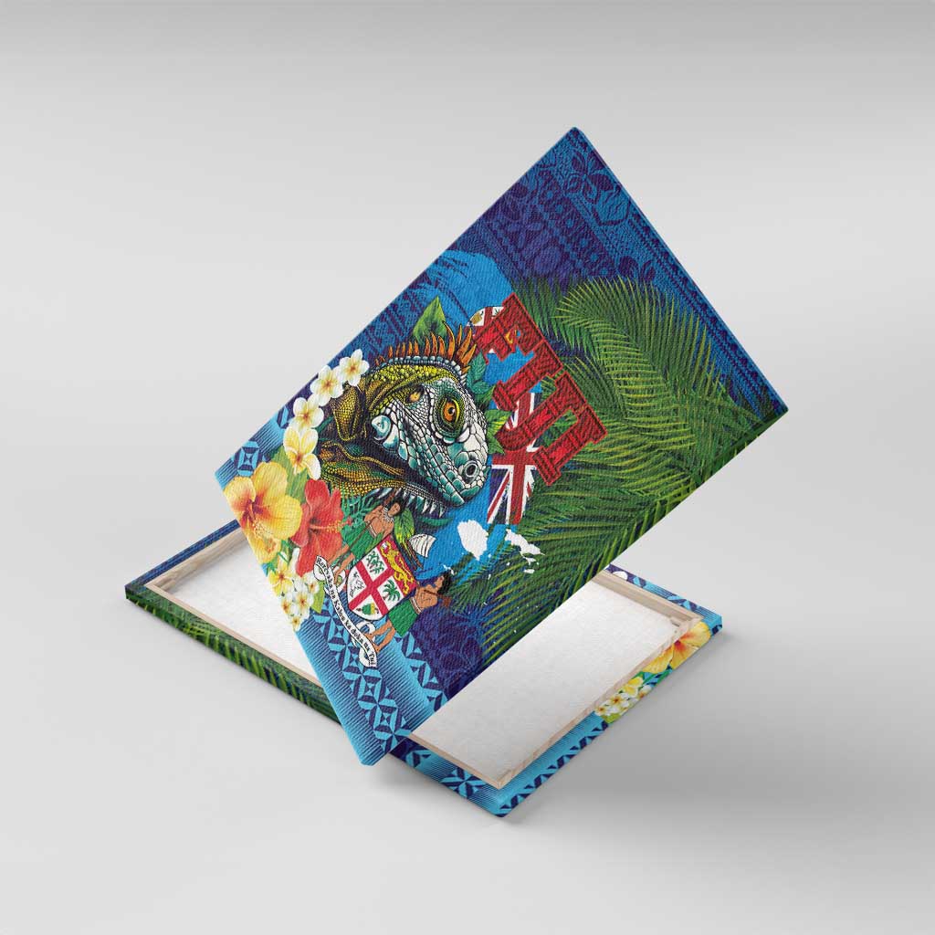 Fiji Iguana-Coat of Arms Canvas Wall Art with Hibiscus and Plumeria Palm Tree Tapa Art LT03 With Frame Blue - Polynesian Pride