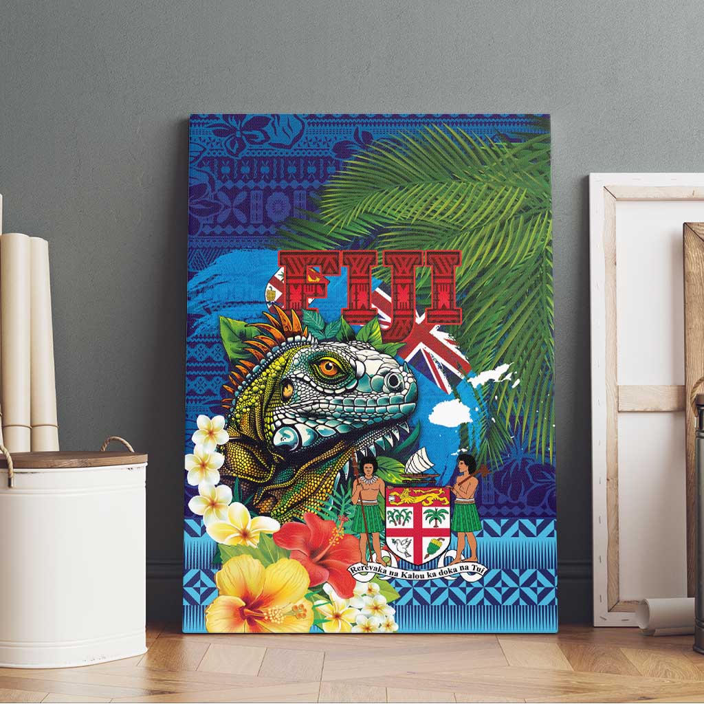 Fiji Iguana-Coat of Arms Canvas Wall Art with Hibiscus and Plumeria Palm Tree Tapa Art LT03 - Polynesian Pride