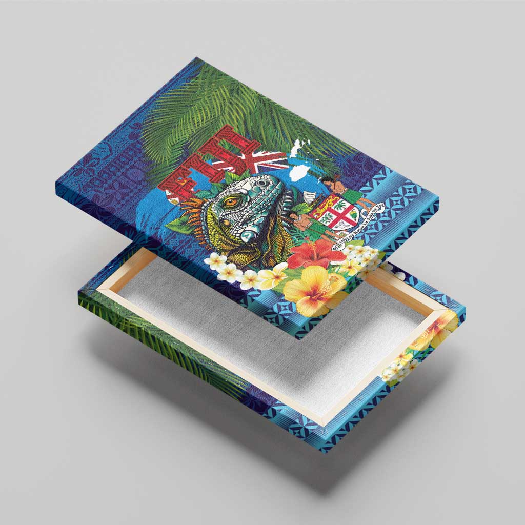 Fiji Iguana-Coat of Arms Canvas Wall Art with Hibiscus and Plumeria Palm Tree Tapa Art LT03 - Polynesian Pride