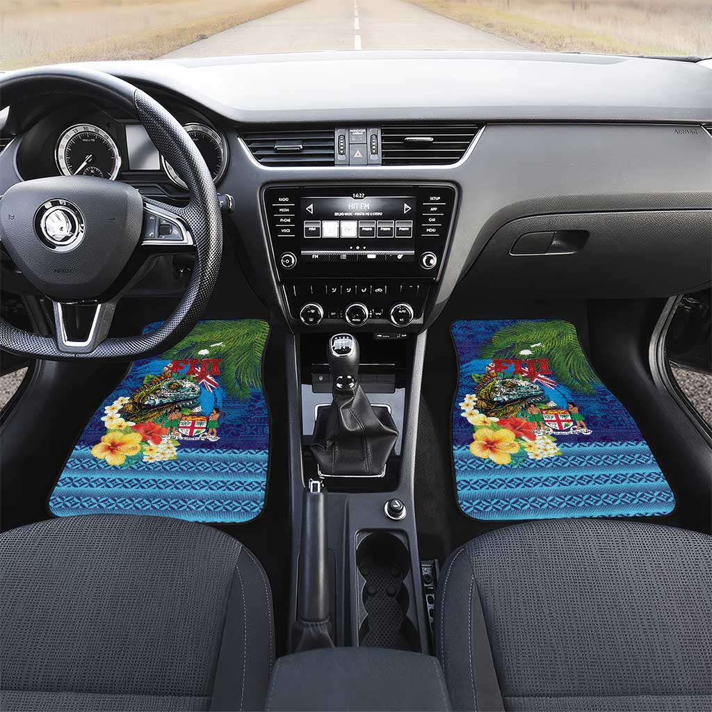 Fiji Iguana-Coat of Arms Car Mats with Hibiscus and Plumeria Palm Tree Tapa Art LT03 Set 2pcs - Front Blue - Polynesian Pride