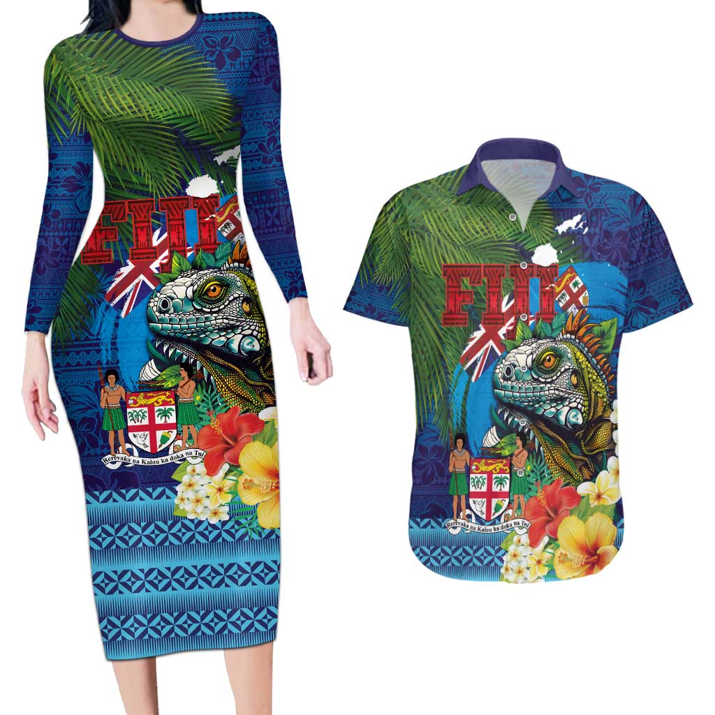 Fiji Iguana-Coat of Arms Couples Matching Long Sleeve Bodycon Dress and Hawaiian Shirt with Hibiscus and Plumeria Palm Tree Tapa Art LT03 Blue - Polynesian Pride