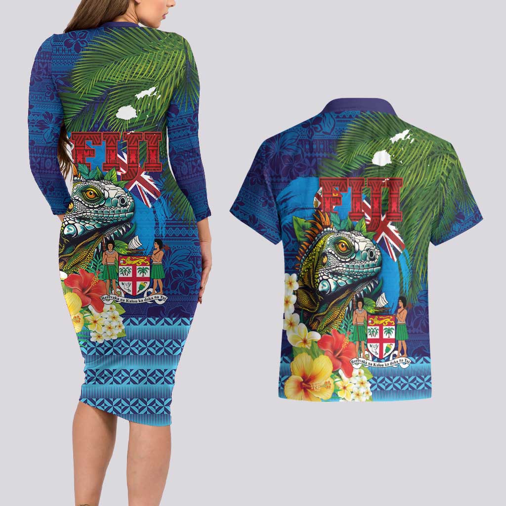 Fiji Iguana-Coat of Arms Couples Matching Long Sleeve Bodycon Dress and Hawaiian Shirt with Hibiscus and Plumeria Palm Tree Tapa Art LT03 - Polynesian Pride