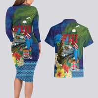 Fiji Iguana-Coat of Arms Couples Matching Long Sleeve Bodycon Dress and Hawaiian Shirt with Hibiscus and Plumeria Palm Tree Tapa Art LT03 - Polynesian Pride
