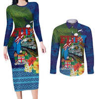 Fiji Iguana-Coat of Arms Couples Matching Long Sleeve Bodycon Dress and Long Sleeve Button Shirt with Hibiscus and Plumeria Palm Tree Tapa Art LT03 Blue - Polynesian Pride