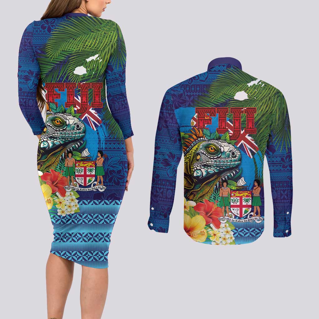 Fiji Iguana-Coat of Arms Couples Matching Long Sleeve Bodycon Dress and Long Sleeve Button Shirt with Hibiscus and Plumeria Palm Tree Tapa Art LT03 - Polynesian Pride