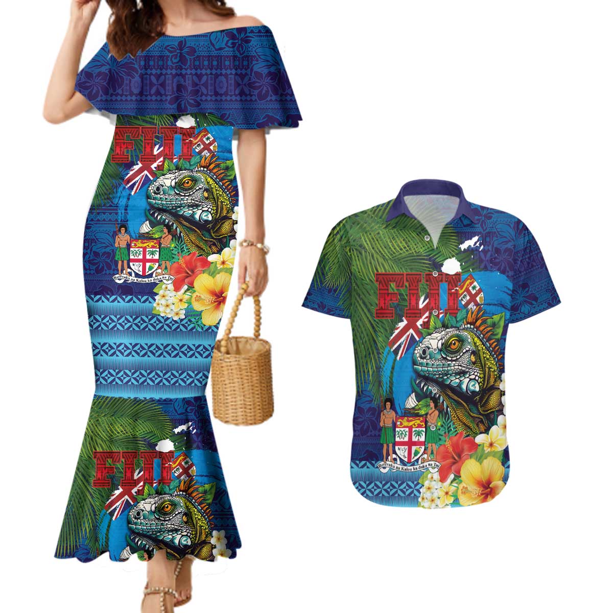 Fiji Iguana-Coat of Arms Couples Matching Mermaid Dress and Hawaiian Shirt with Hibiscus and Plumeria Palm Tree Tapa Art LT03 Blue - Polynesian Pride