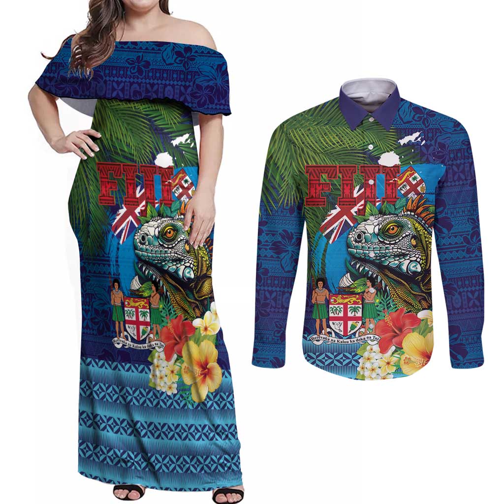 Fiji Iguana-Coat of Arms Couples Matching Off Shoulder Maxi Dress and Long Sleeve Button Shirt with Hibiscus and Plumeria Palm Tree Tapa Art LT03 Blue - Polynesian Pride