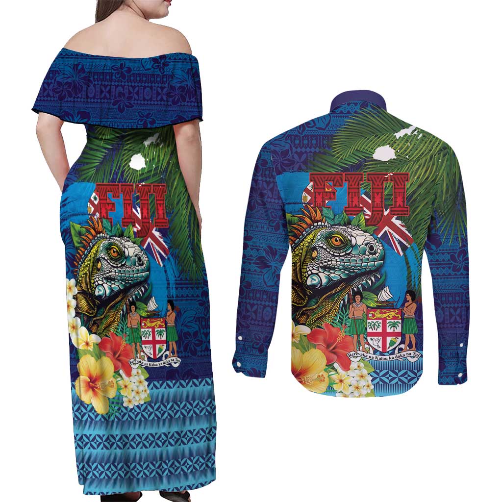 Fiji Iguana-Coat of Arms Couples Matching Off Shoulder Maxi Dress and Long Sleeve Button Shirt with Hibiscus and Plumeria Palm Tree Tapa Art LT03 - Polynesian Pride
